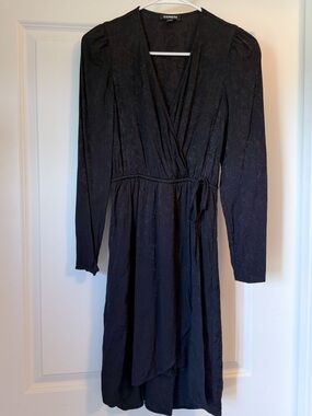 Black Jacquard Wrap Dress Long Sleeve Fit & Flare Tie Waist XS